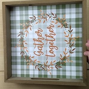 Wooden Tray Gather Together in Green, White & Orange. 11 3/4 × 11 3/4 × 1 3/4 in